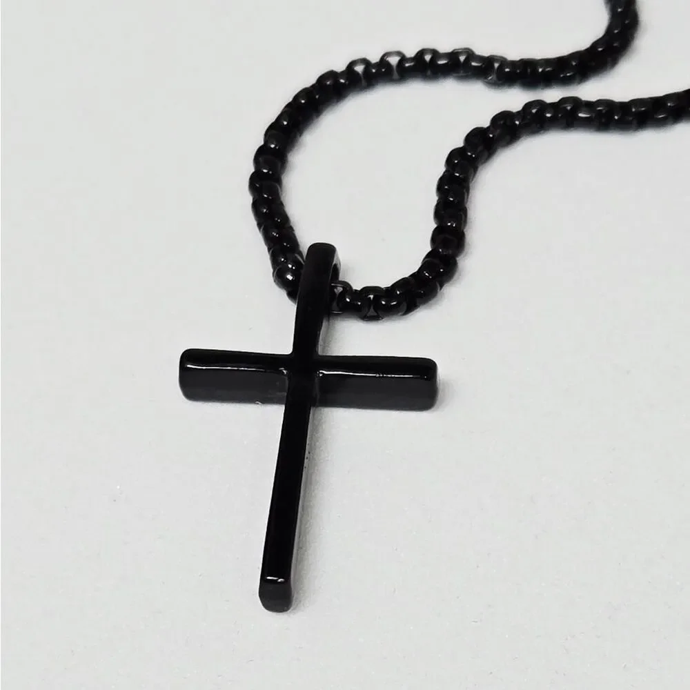 Men’s Black Cross Necklace Bracelet Ring 3pc Set Minimalist Faith Grad Gift NWT